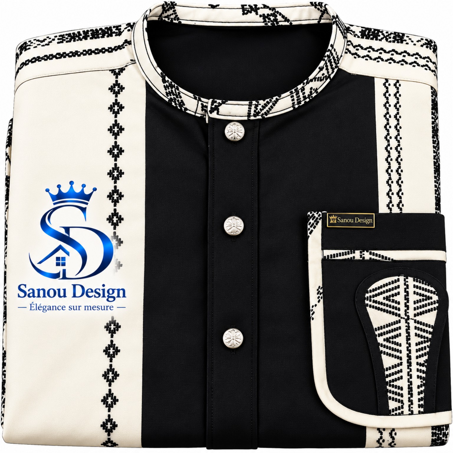 Tunique noire et blanche avec broderies contrastées